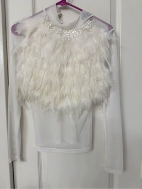 White Feather & Beaded Mesh Long Sleeve Top